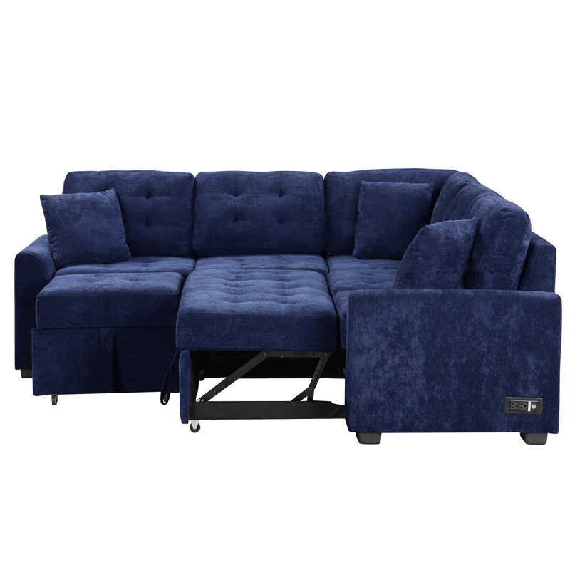 82.6" L-Shape Sofa Bed Pull-Out Sleeper Sofa With Wheels, Usb Ports, Power Sockets For Living Room, Blue Velvet