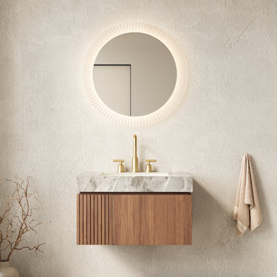 Meuble-lavabo suspendu de 76 cm avec lavabo intégré, rangement en contreplaqué, comptoir en pierre frittée grise, lavabo en céramique avec 3 trous prépercés, fini chêne brun, résistant au feu, facile d'entretien, meuble, dessus et trop-plein inclus.