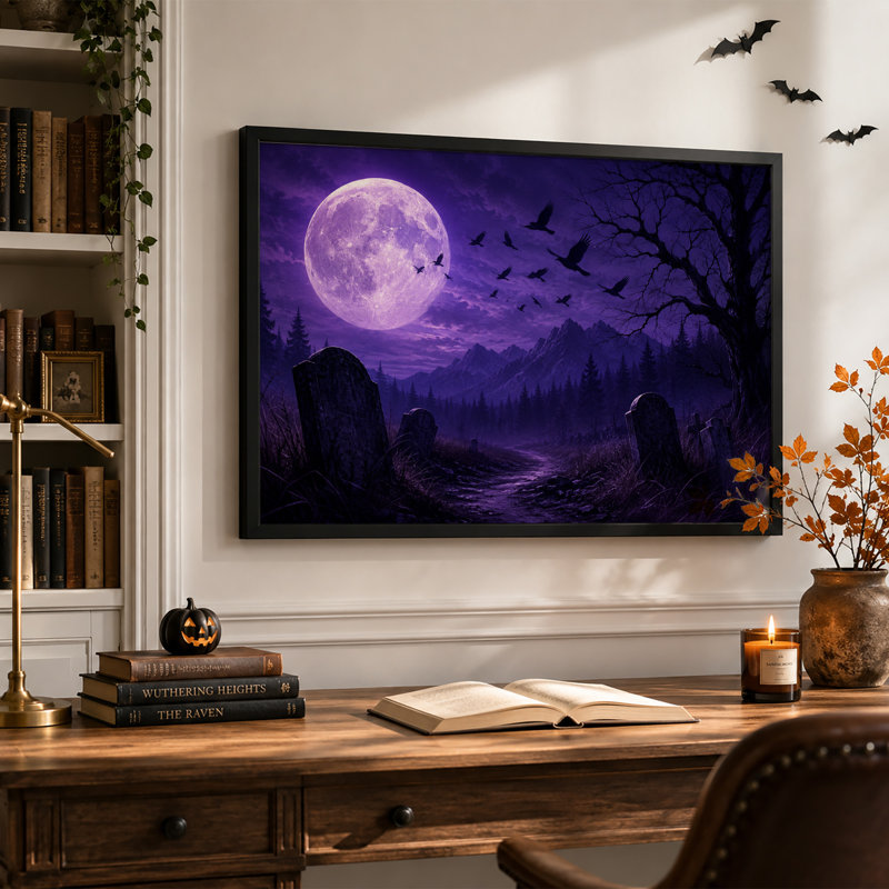 Lune violette et corbeaux volants au-dessus d'un chemin de cimetière - Toile murale d'Halloween, H 12 po x l 18 po