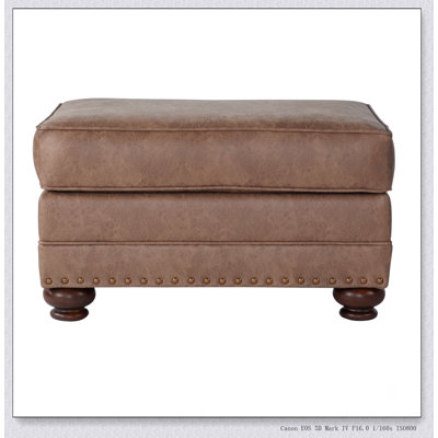 Faux Leather Ottoman with Nailhead Trim – Transitional Style, Wood Bun Feet (Ottoman Only – Fully Assembled, Feet Attachable)