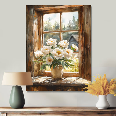 Pivoines à la grange fenêtre III - reproduction d'art traditionnelle en métal, pivoines, décoration murale en métal