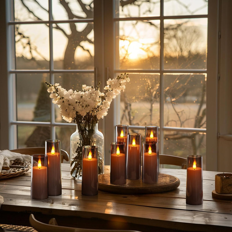 Grey Flameless Candles 9 Set, Battery Operated Candles With Remote Control And Timer, Flickering Led Pillar Candles For Home Halloween Decor, 3d Wick, Warm Yellow Light, D2.2 Xh5 6" 7"