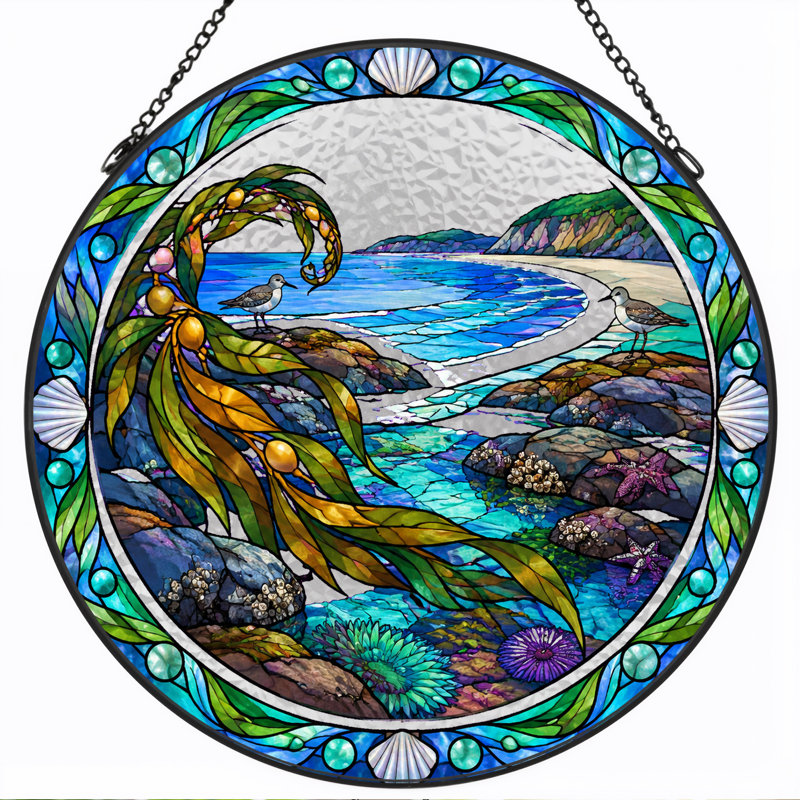Art mural sur toile, vitrail côtier avec oiseaux de rivage et varech, H 12 po