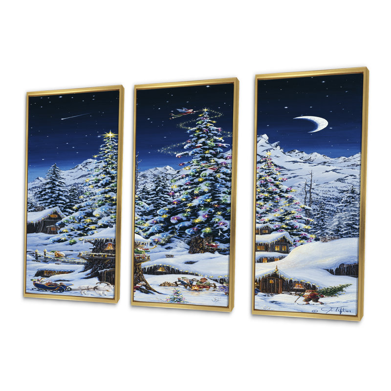 Elf maisons sous de grands arbres de Noël lumineux - ensemble d'art mural sur toile encadré traditionnel de 3