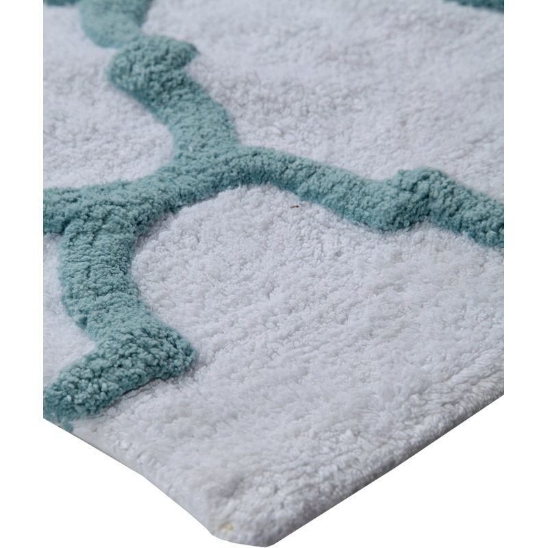 White and Blue Cotton Geometric Bath Rug Set