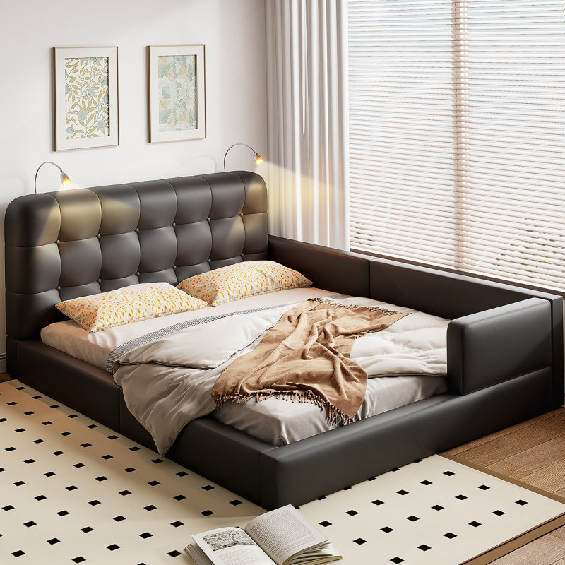 Grand lit plateforme tapissier avec 2 liseuses noir, Noir, noir, noir, noir