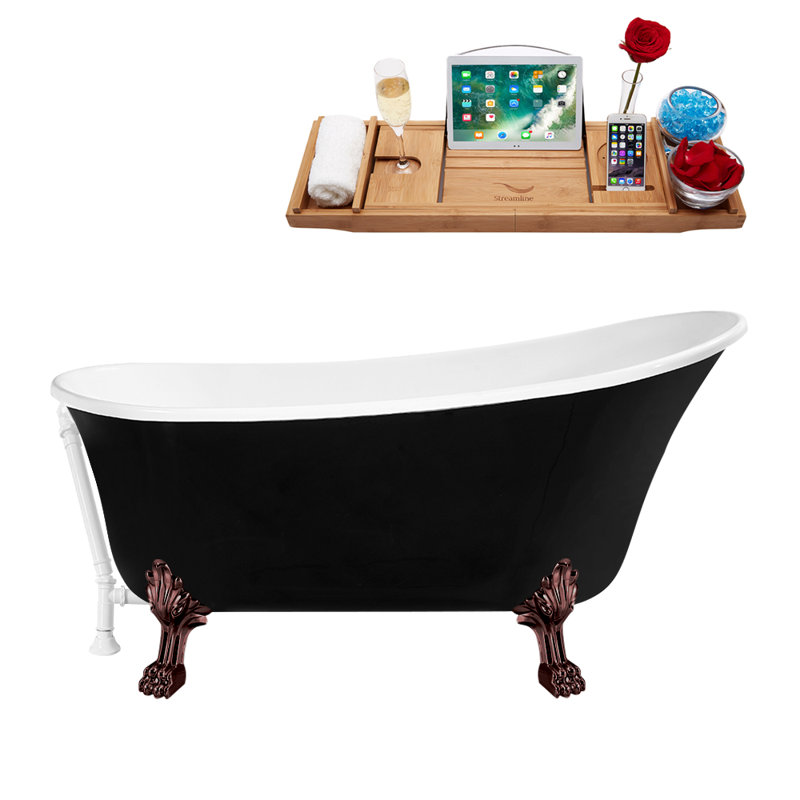 67" Streamline Clawfoot Soaking Acrylic Bathtub With Drain, Clawfeet, and Bamboo Tray, Glossy White, Matte Oil Rubbed Bronze