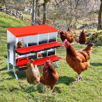 Boîtes de nidification pour poules pondeuses, boîtes à œufs roulants en métal à 8 compartiments avec perchoirs et pattes, boîte de poulailler murale pour poules et poules, rouge