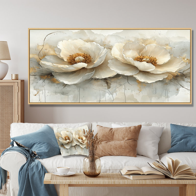 Rallection parallèle de pivoines abstraites - art mural abstrait moderne pivoines, H 28 po x l 60 po, Cadre flottant, Blanc