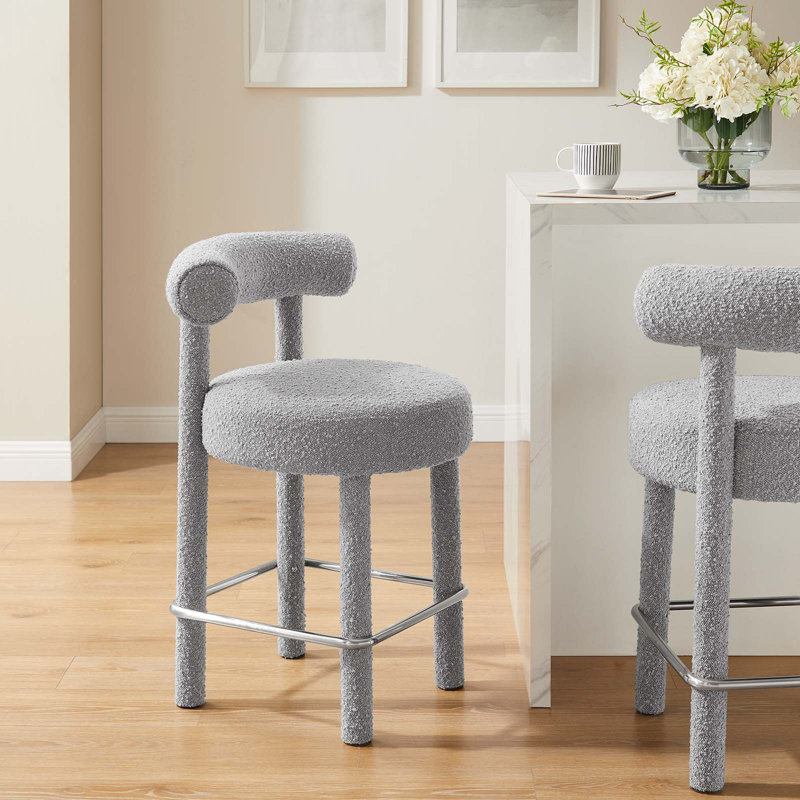 Light Gray Boucle Upholstered Counter Stool with Metal Legs