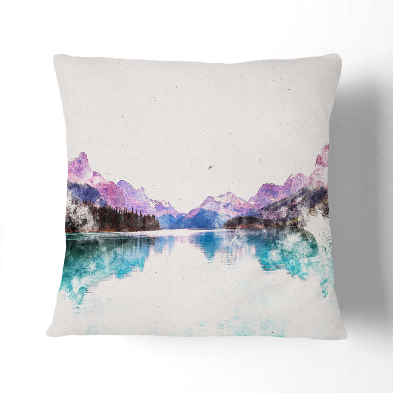 Maligne Lake Scene in Canada Watercolour Cushion with Filling, White, 40cm H x 40cm W x 15cm D