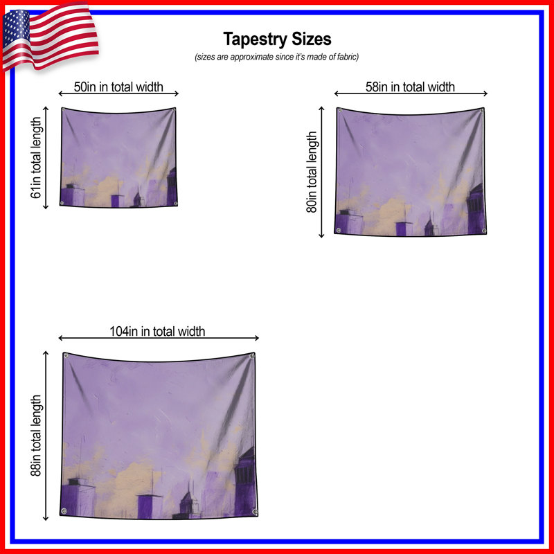 Tapisserie murale mauve City Skyline - décoration murale paysage urbain, 104 po H x 88 po avec 4 œillets