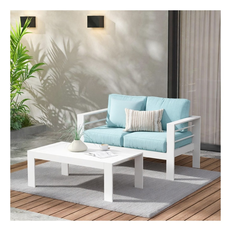 Table basse d'extérieur 43 po en aluminium et rectangulaire WPC toutes saisons, mobilier de patio blanc moderne pour terrasse, jardin et bord de piscine