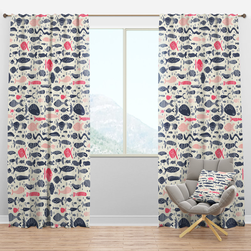 Panneau de rideau simple semi-diaphane avec passe-tringle Cute Fishes with Doodles, l 52 po x L 108 po