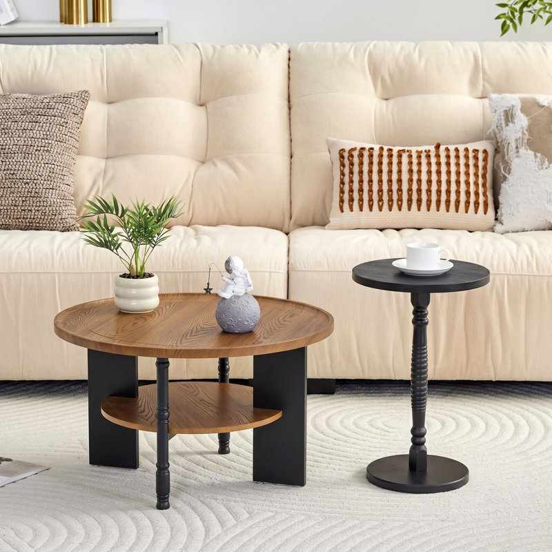 Ensemble table basse et table d'appoint rondes modernes de 80 cm avec tablette de rangement