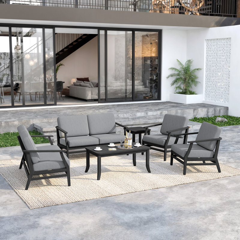 Polett Teak Outdoor Six-person Patio Set With Cushions And Two Tables, Gray, Black