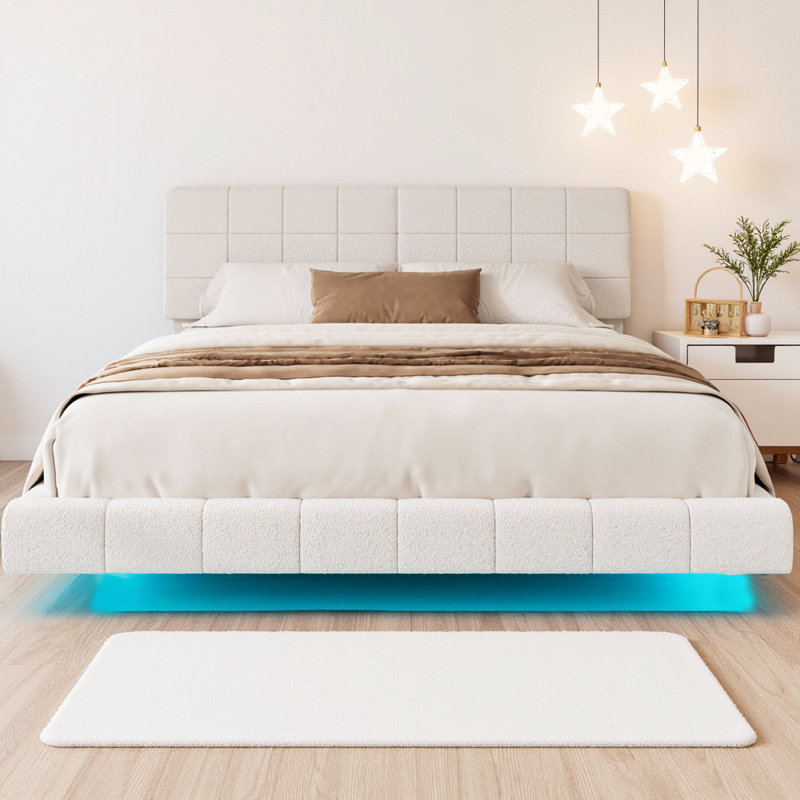 Lit flottant blanc avec bande lumineuse à DEL, cadre de lit plateforme moderne avec conception résistante aux chocs et à la charge, aucun sommier tapissier nécessaire