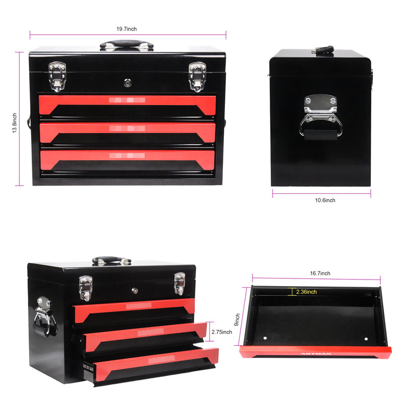 Boîte à outils 20 po 3 en acier avec outils, noir et rouge, et métal, plateau de rangement supérieur, poignée de transport pour le garage, la maison, outils portatifs d'établi, noir rouge, matériau robuste, glissière à roulement, multiple