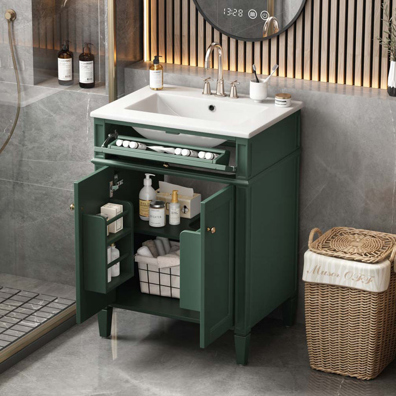 24" Bathroom Vanity with 2 Doors and Tip-Out Drawer, Green/Gold 
