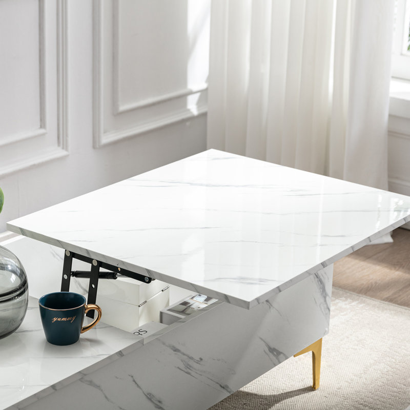 Table basse à plateau relevable avec rangement Dekeyzer, Blanc, Or