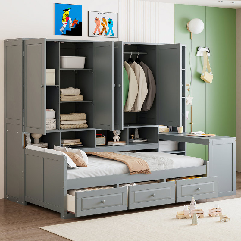 Wooden Daybed With Three Drawers, And All-In-One Cabinet, Desk And Shelves, Gray, Twin