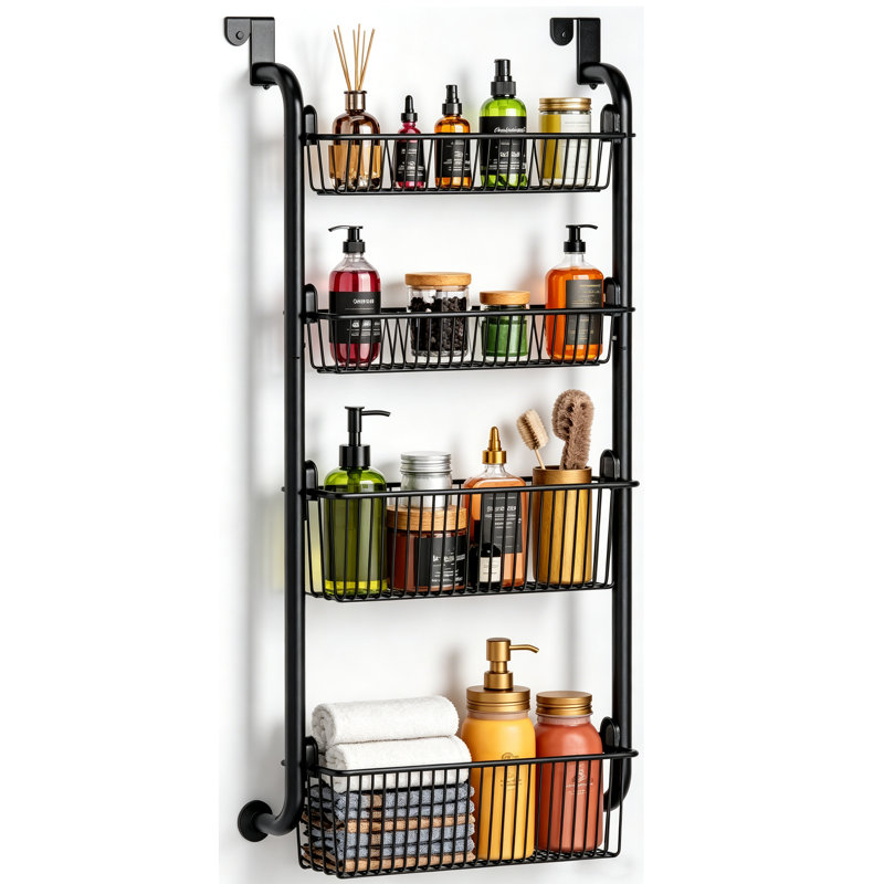 Rangement robuste pour garde-manger au-dessus de la porte - étagère à épices suspendue en métal réglable à 4 niveaux avec paniers amovibles - étagère de rangement murale étroite pour la cuisine, la salle de bain et la salle de lavage - 4 couches - noir