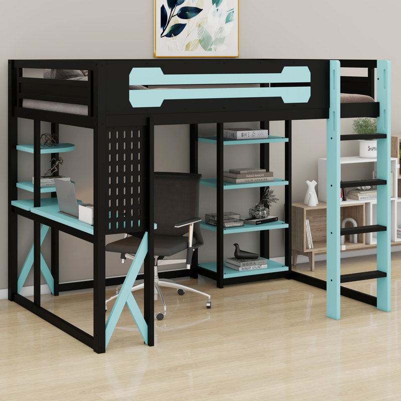 Space-Saving Loft Bed with Desk, Shelves, Power Outlet & RGB Light, Black+Blue