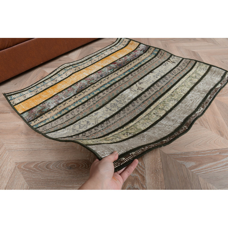 Handmade Turkish Small Rug With Bohemian Decorative Elements Ideal For Entryway Or Living Room Space Featuring Striped Pattern