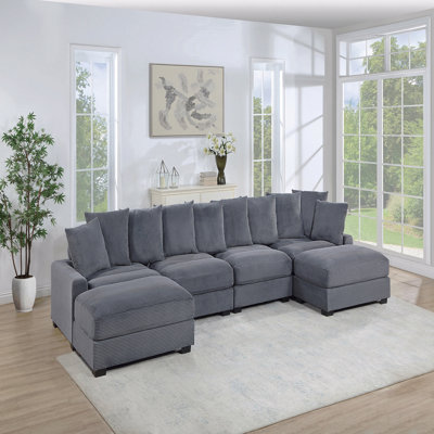 Contemporary Dark Gray 6Pc Modular Sectional Set Corduroy Couch Laf & Raf Chairs 2X Armless Chairs 2X Ottomans Living Room Furniture