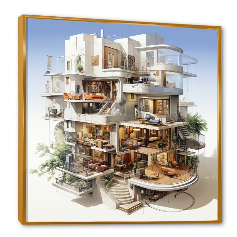 Dessin d’analytique d’un hôtel Lodges II sur toile, Cadre flottant doré, H 36 po x l 36 po x P 1,5 po