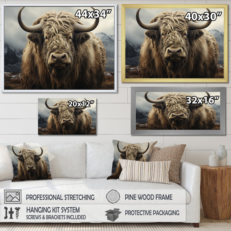 " Monochrome Yak Grazing Scene ", 34" H x 44" W x 1.5" D, Gold Single Picture Framed