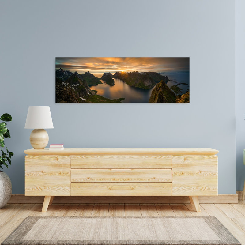 «Golden Fjord Sunset Dramatic Peaceful Serene Landscape Mountain», art mural, H 16 po x l 48 po