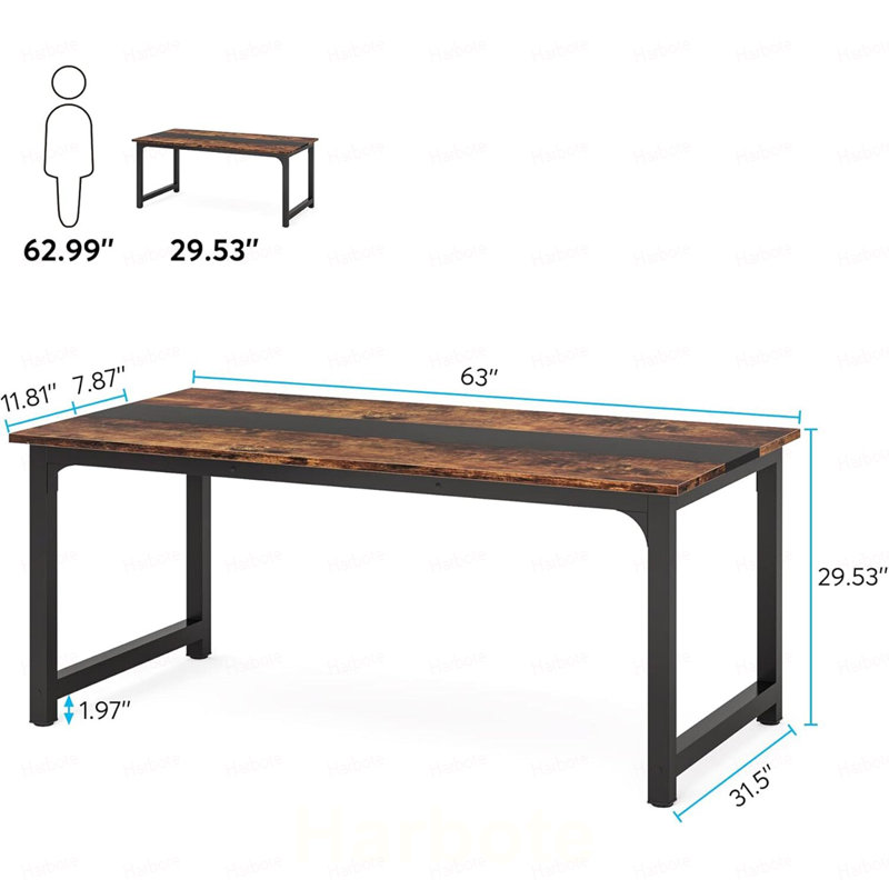 Grand bureau d'ordinateur moderne de 63 po pour bureau à domicile - Table d'écriture robuste avec structure en acier, poste de travail industriel avec bureau spacieux et pieds réglables