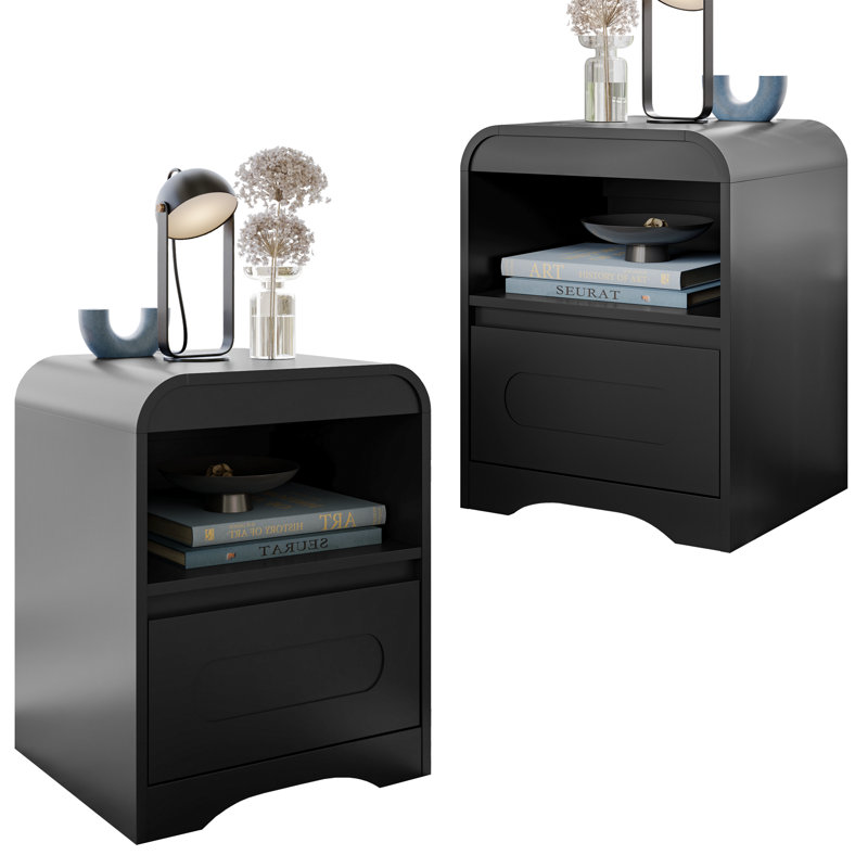 Nightstand Set Of 2, Bedside Table With Drawer Storage And Open Compartment, Nightstands End Table 22" Large Curved Edge Design Night Stands For Bedroom Living Room Sofa Office
