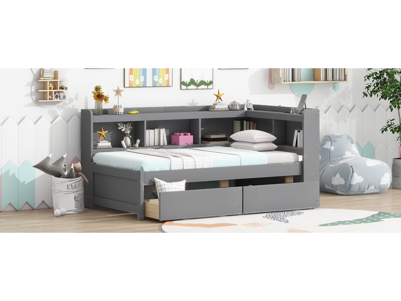 Lit simple en forme de L avec bibliothèques Sailvan, prises de courant, ports de charge USB, deux tiroirs, Gris