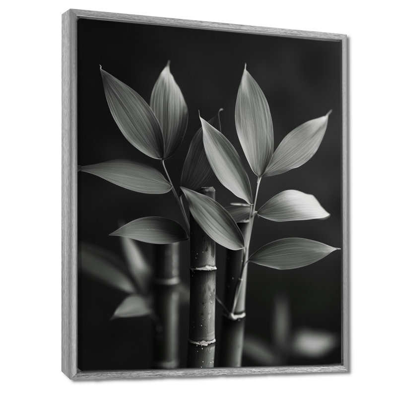 Monochromes gris bambou botanique beauté I - art mural en bambou, Encadrement argenté, H 12 po x l 20 po