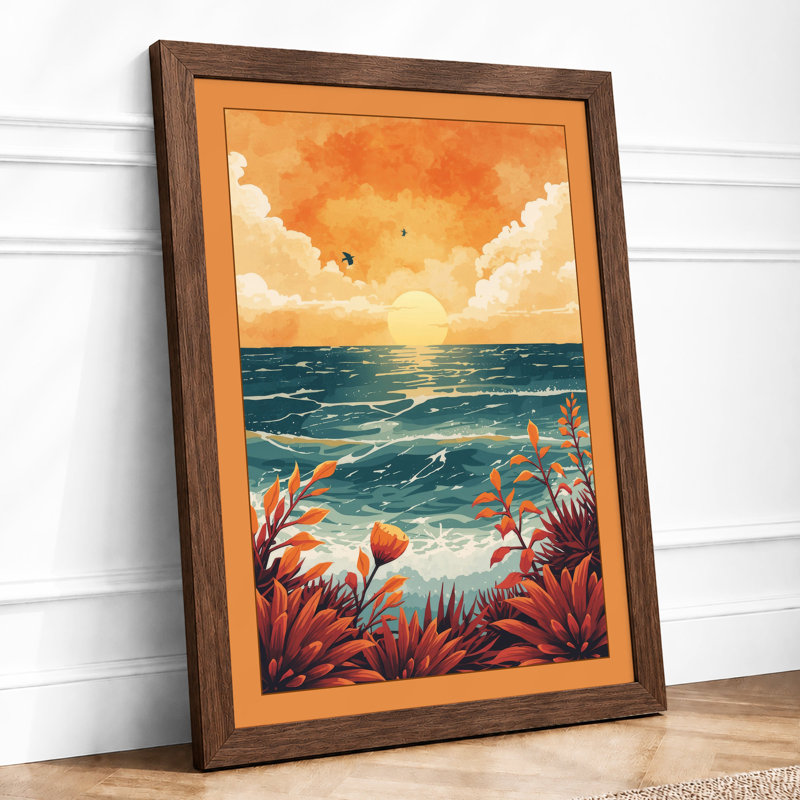 Sunset Over Turbulent Waves Coastal - Print, Walnut, A1 - 84.1 x 59.4 cm