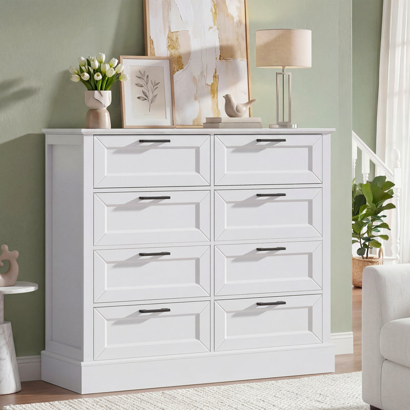 47.2“W White Farmhouse Dresser with 8 drawers for Bedroom & Living Room, Modern Storage chest with Metal Handle