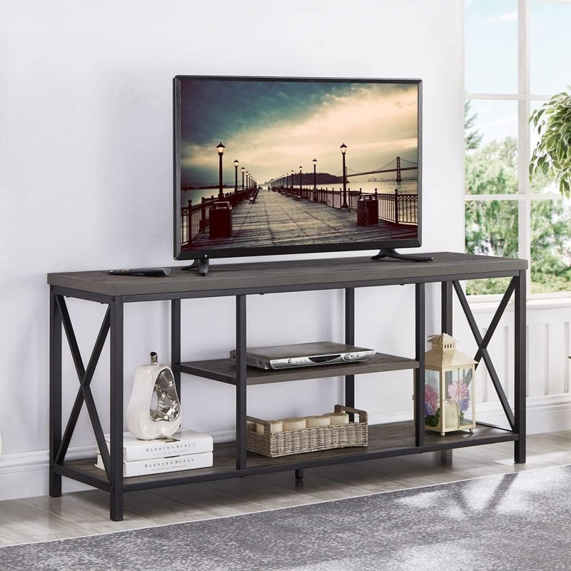 Meuble télé 55 po pour téléviseur de 65 po ou moins, bois rustique et console média en métal pour salon, gris
