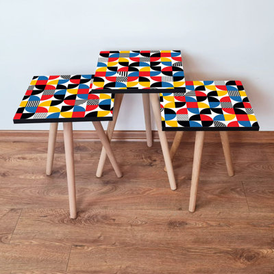 Modern Nesting Table Set (3 Pieces), Abstract Geometric Design, 100% MDF with Beech Wood Legs | Large: 13.8 x 20.5 x 13.8 in, Medium: 13.8 x 18.5 x 13.8 in, Small: 13.8 x 16.5 x 13.8 in | Stylish & Versatile for Living Room & Office