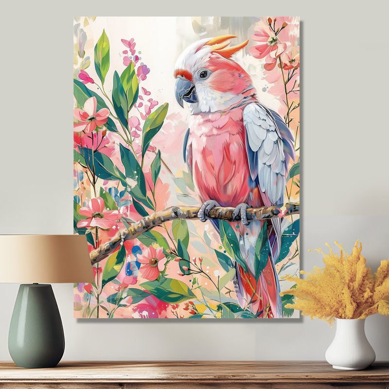 Rose, vert, cacatoès, jungle, rêves II - perroquet, art mural, salon, Sans cadre, métal, H 16 po x l 32 po