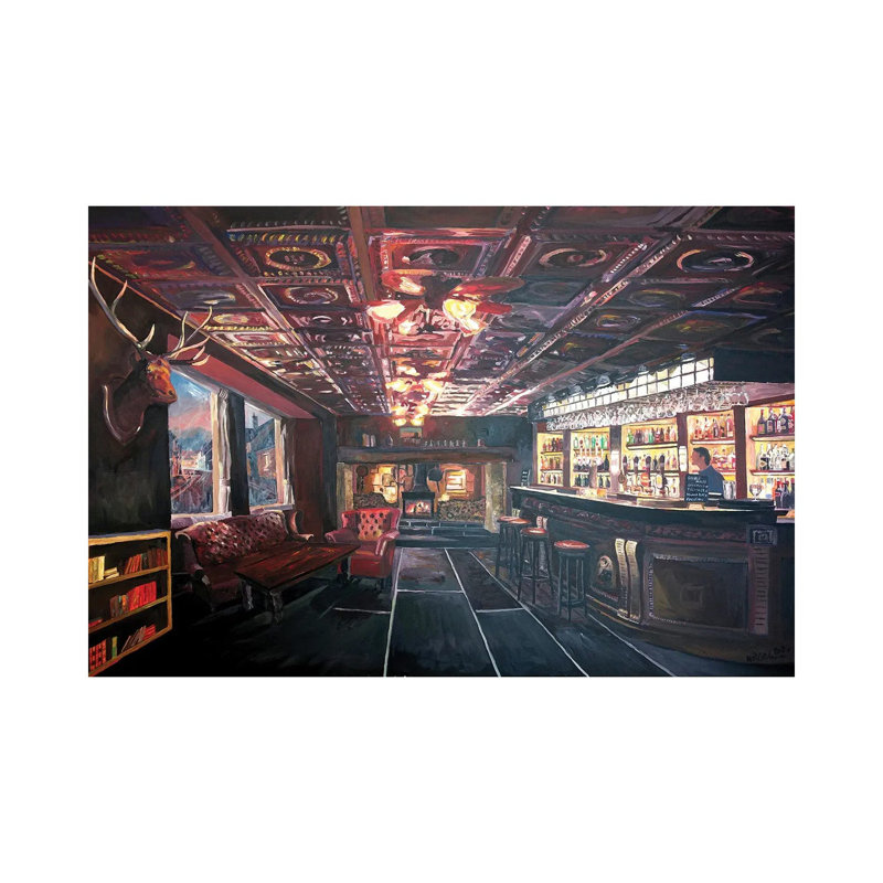 Romantic Night At Rustic Fireside Bar Scene With Village Street View By Markus & Martina Bleichner - Wrapped Canvas Painting by Markus & Martina Bleichner - Wrapped Canvas Painting