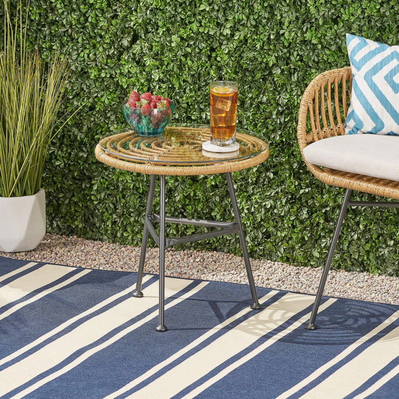 Orlando Outdoor Glass Top Faux Rattan Side Table,Tempered Glass Top End Table For Balcony Porch Deck, Light Brown