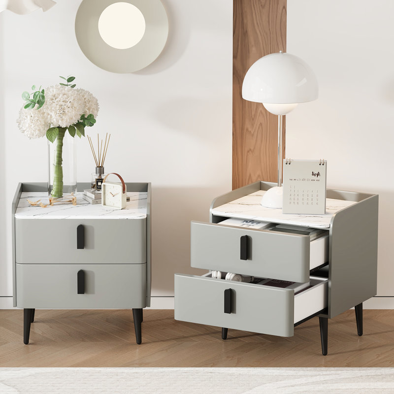 Tables de chevet grises de 2, table de bout moderne avec plateau en marbre et 2 tiroirs, plateau de table bien pensé, Gris