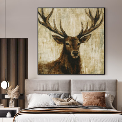 Extra Large Wall Art Fabric Print - Wild Deer with Strong Antlers in Warm Earth Tones Artwork Decor for Living Room or Bedroom - "Frame Assembly Required (Unfinished Frame)"