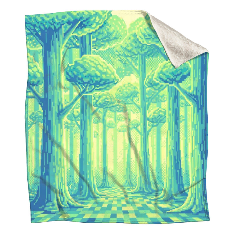 Couvertures Pixel Art Forest, L 60 po x H 80 po, Bleu sarcelle vif et jaune néon