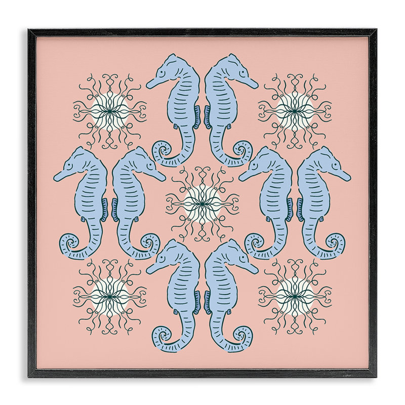 Giclée symétrique à motif hippocampe corail, design par Sazerelli Designs, Giclée encadrée noir minuit, H 12 po x l 12 po