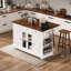 Îlot de cuisine K&K style ferme de 135 cm (53 po) avec deux portes d'armoire en verre trempé, prise de courant, chariot de cuisine roulant sur roulettes avec abattant, 5 étagères latérales ouvertes, 3 tiroirs, pour cuisine, salle à manger.-1198935326-1198935327