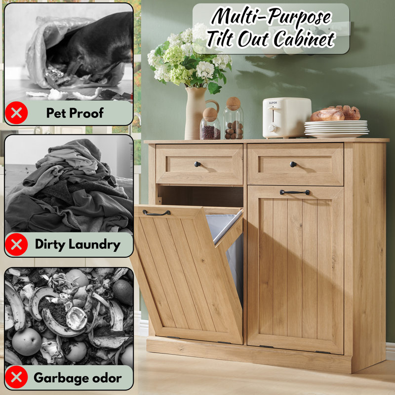 Tilt-out Dual Laundry Hamper Cabinet with with 2 Drawers,20 Gallon Farmhouse Laundry Storage Basket for Bathroom(Includes 2pc laundry basket.)