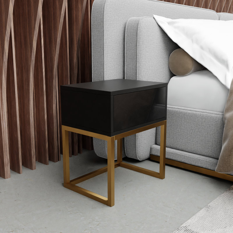 Abbie 40cm W Metal Bedside Table, Glossy Black/Gold